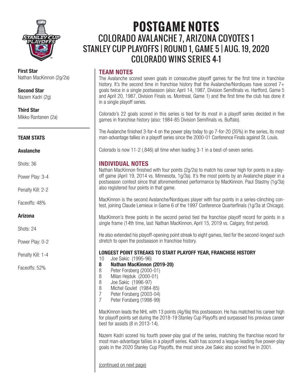 Postgame Notes Colorado Avalanche 7, Arizona Coyotes 1 Stanley Cup Playoffs | Round 1, Game 5 | Aug