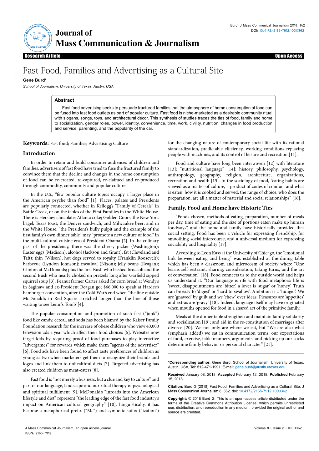 Fast Food, Families and Advertising As a Cultural Site Gene Burd* School of Journalism, University of Texas, Austin, USA