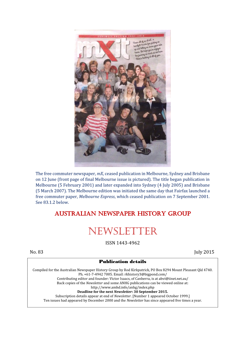 NEWSLETTER ISSN 1443-4962 No