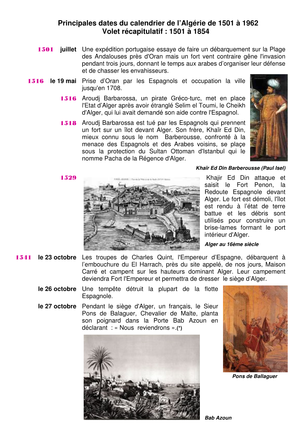 Principales Dates Du Calendrier De L'algérie De 1501 À 1962 Volet Récapitulatif