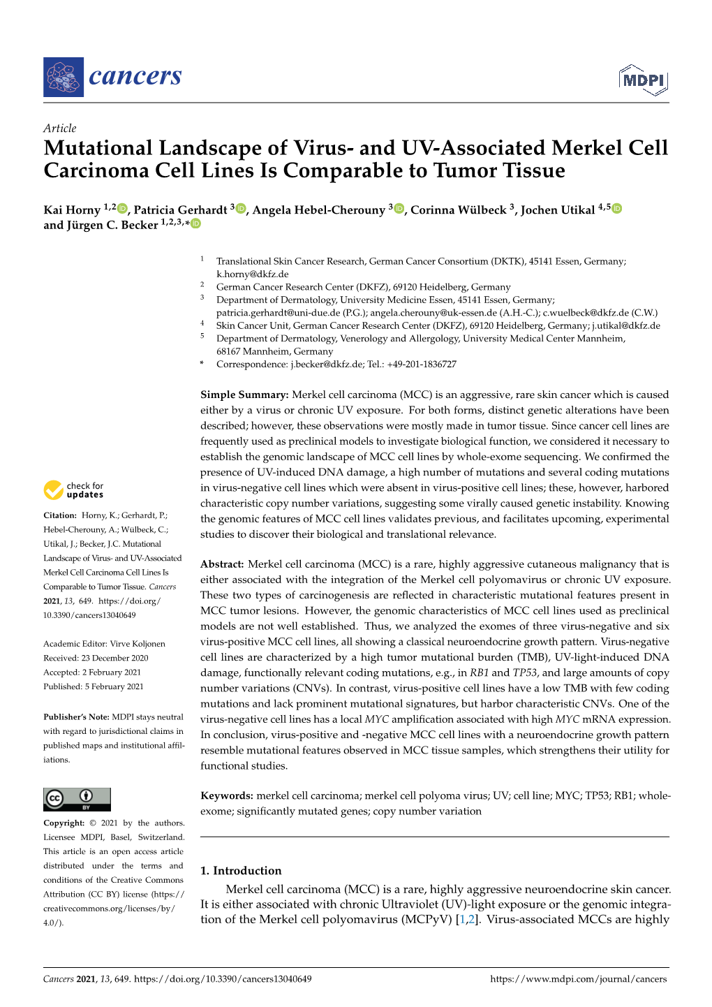 And UV-Associated Merkel Cell Carcinoma Cell Lines Is Comparable to Tumor Tissue