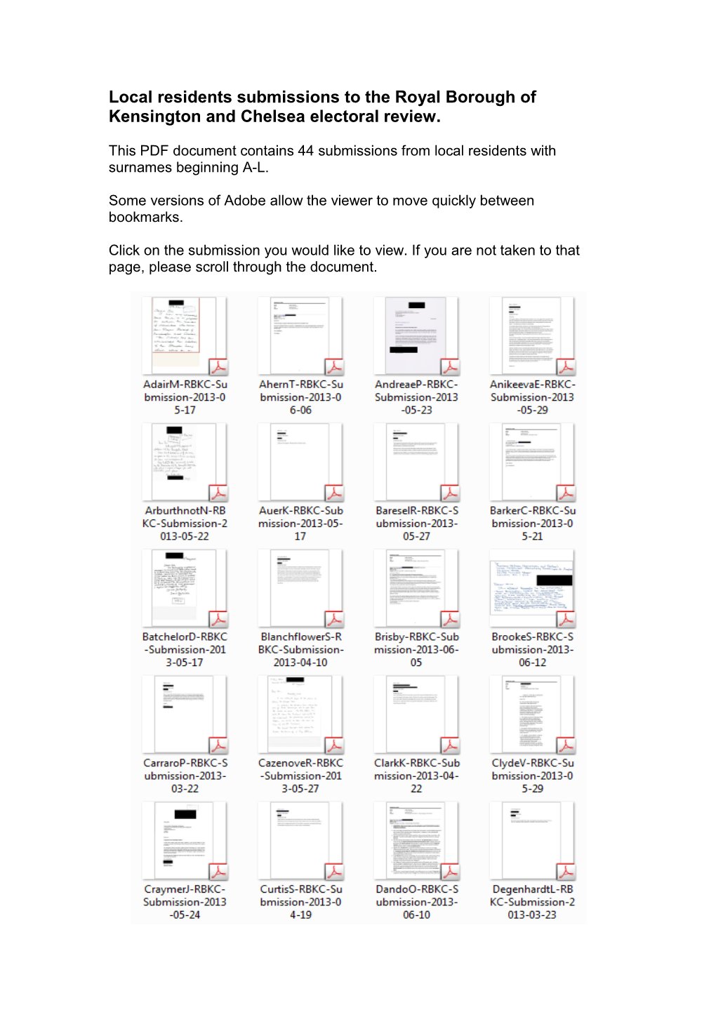 Local Residents Submissions to the Royal Borough of Kensington and Chelsea Electoral Review