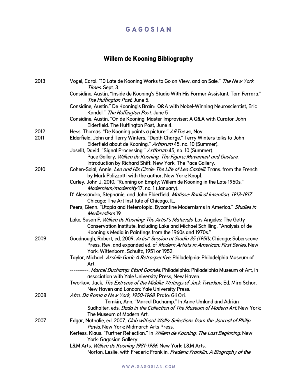 Willem De Kooning Bibliography