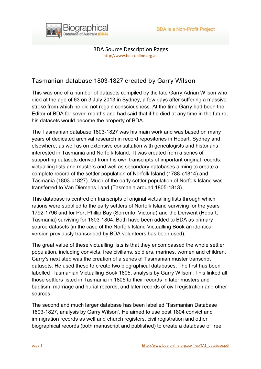 Tasmanian Database 1803-1827 Created by Garry Wilson