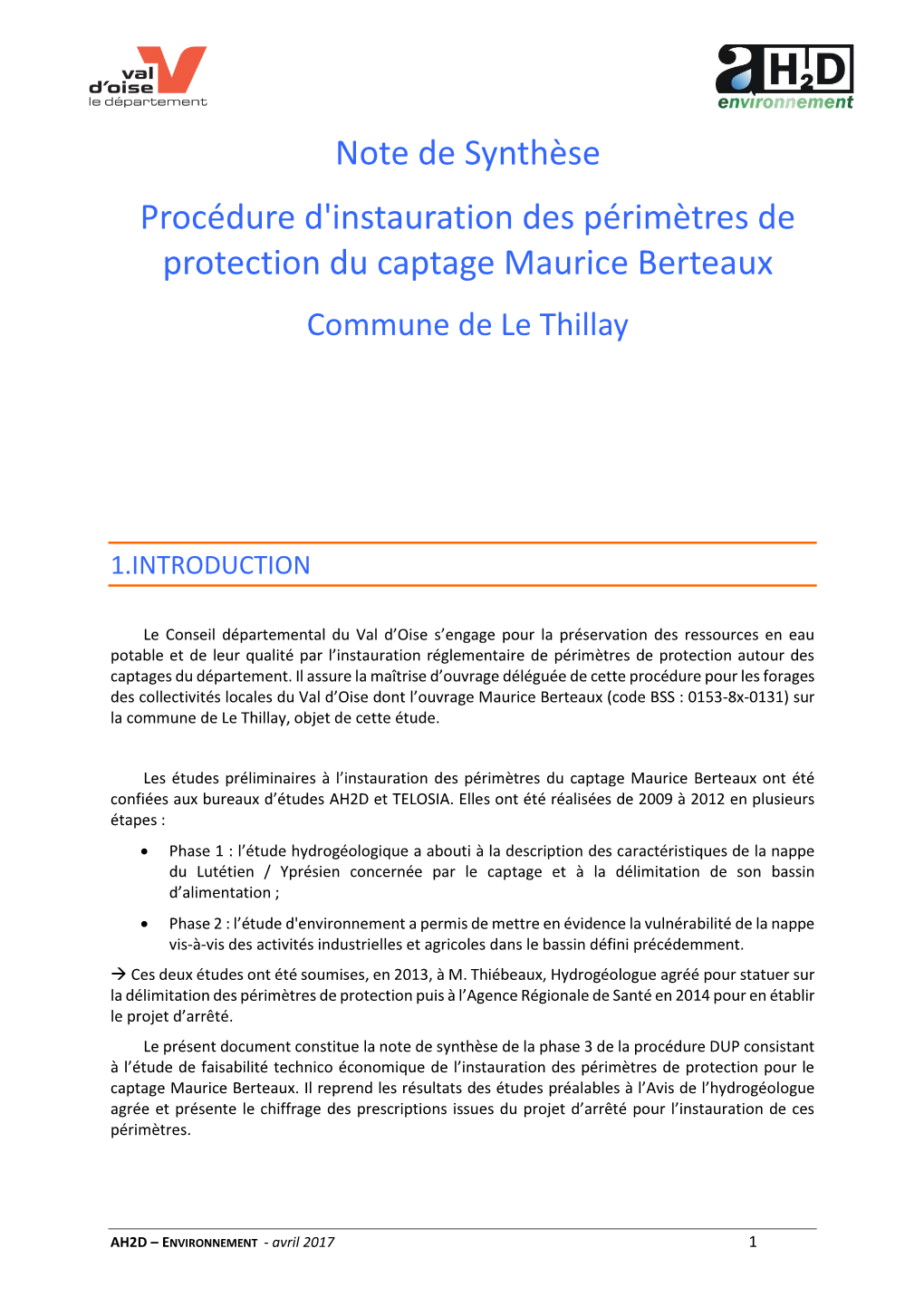 Note De Synthèse Procédure D'instauration Des Périmètres De Protection Du Captage Maurice Berteaux Commune De Le Thillay