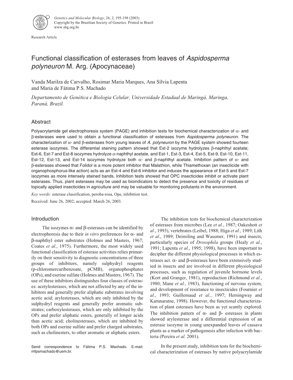 Functional Classification of Esterases from Leaves of Aspidosperma Polyneuron M