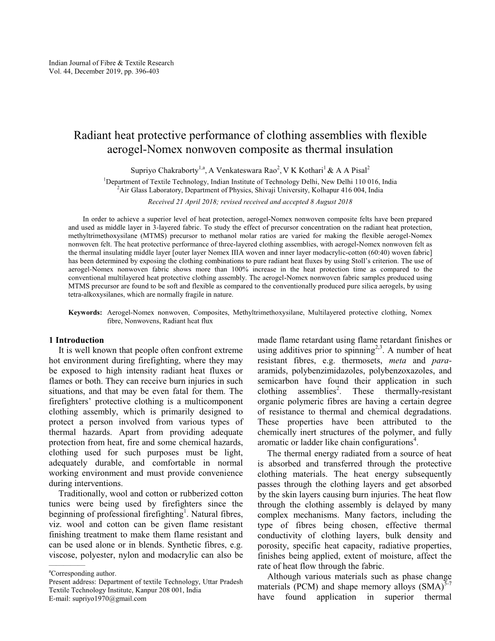 Radiant Heat Protective Performance of Clothing Assemblies with Flexible Aerogel-Nomex Nonwoven Composite As Thermal Insulation