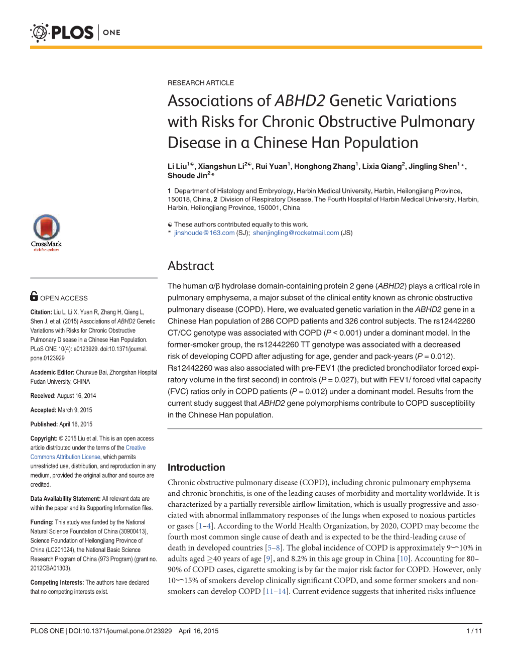Associations of ABHD2 Genetic Variations with Risks for Chronic Obstructive Pulmonary Disease in a Chinese Han Population