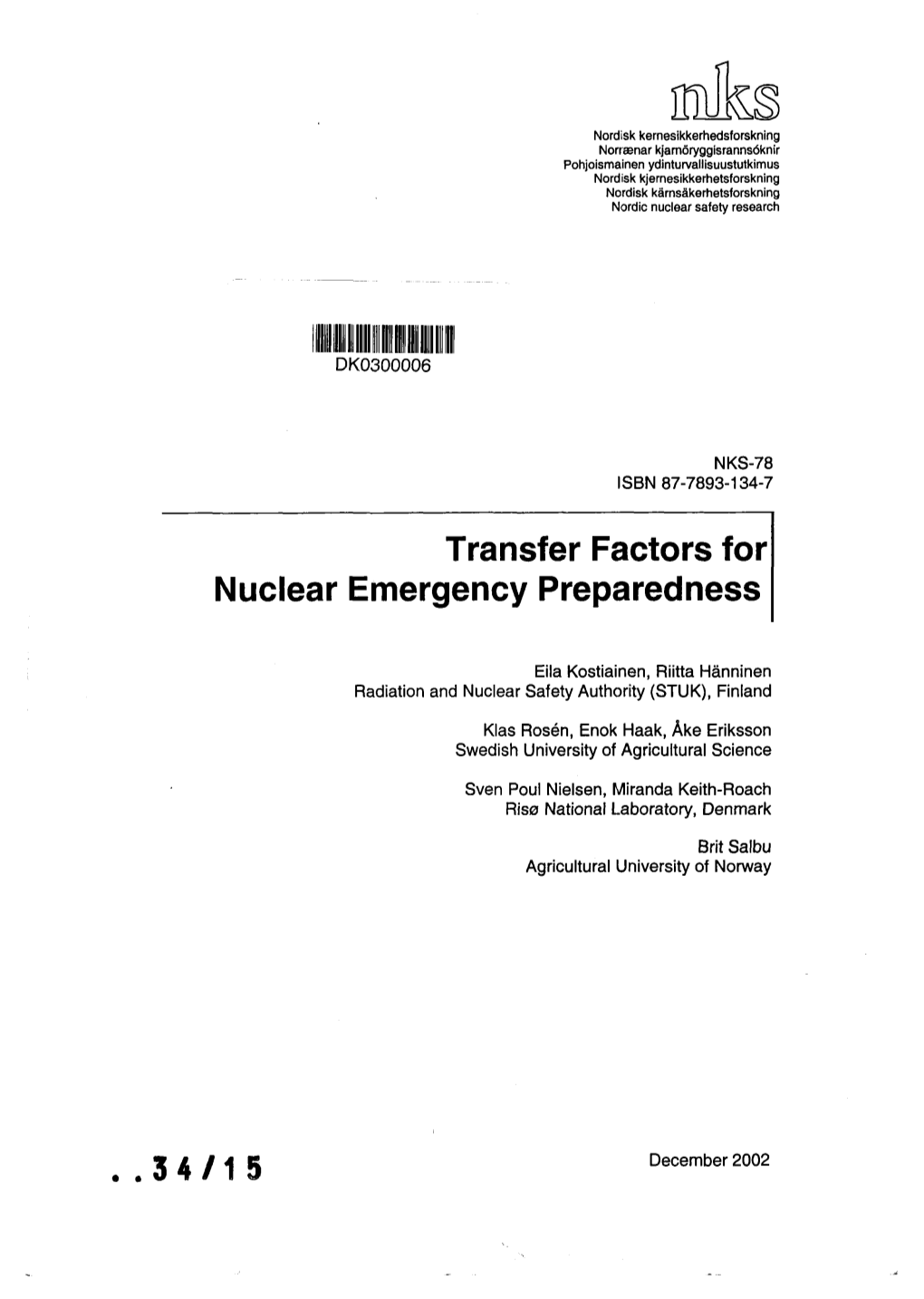 Transfer Factors for Nuclear Emergency Preparedness