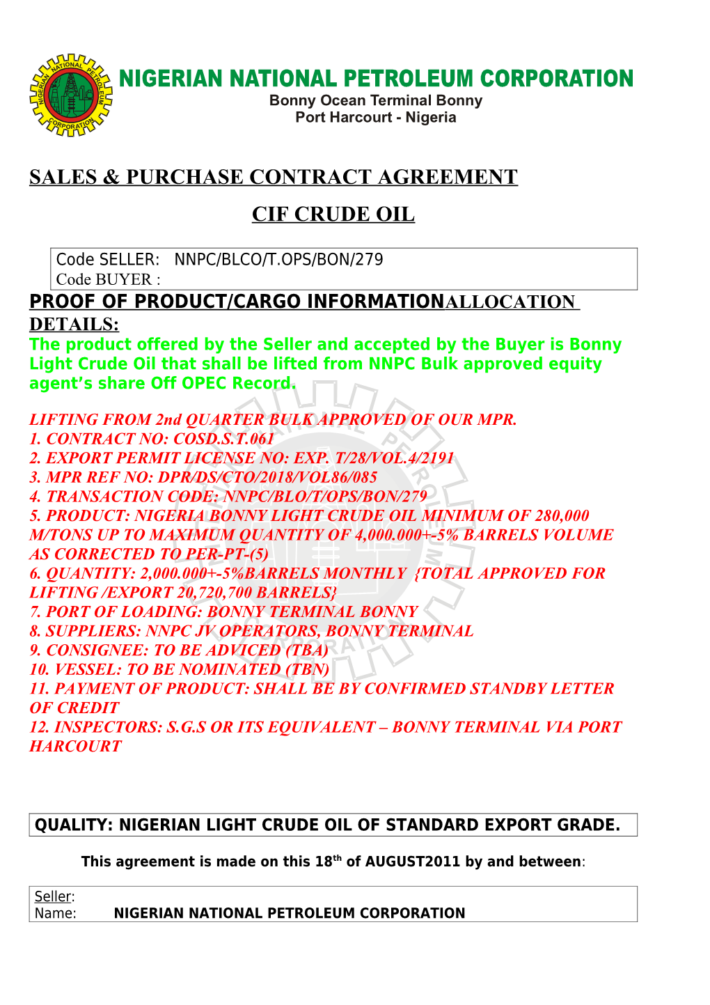 Sales & Purchase Contract Agreement