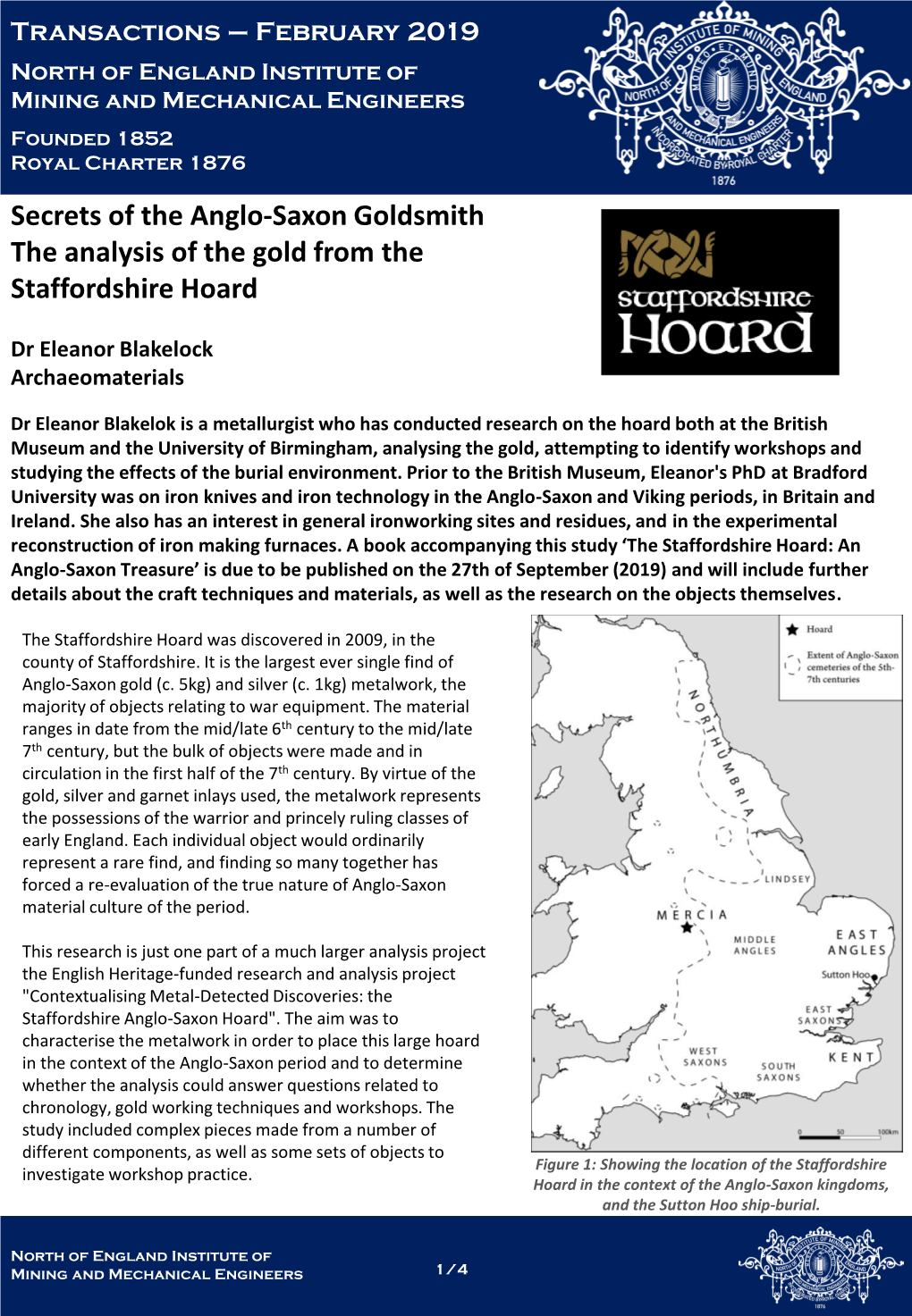 Secrets of the Anglo-Saxon Goldsmith the Analysis of the Gold from the Staffordshire Hoard