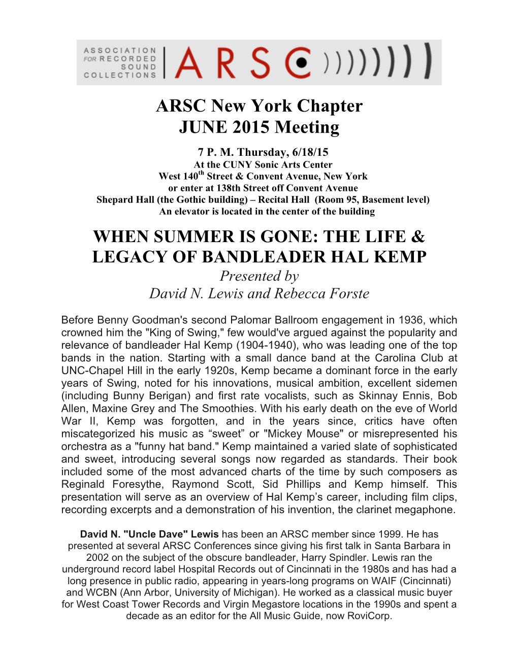ARSC New York Chapter JUNE 2015 Meeting
