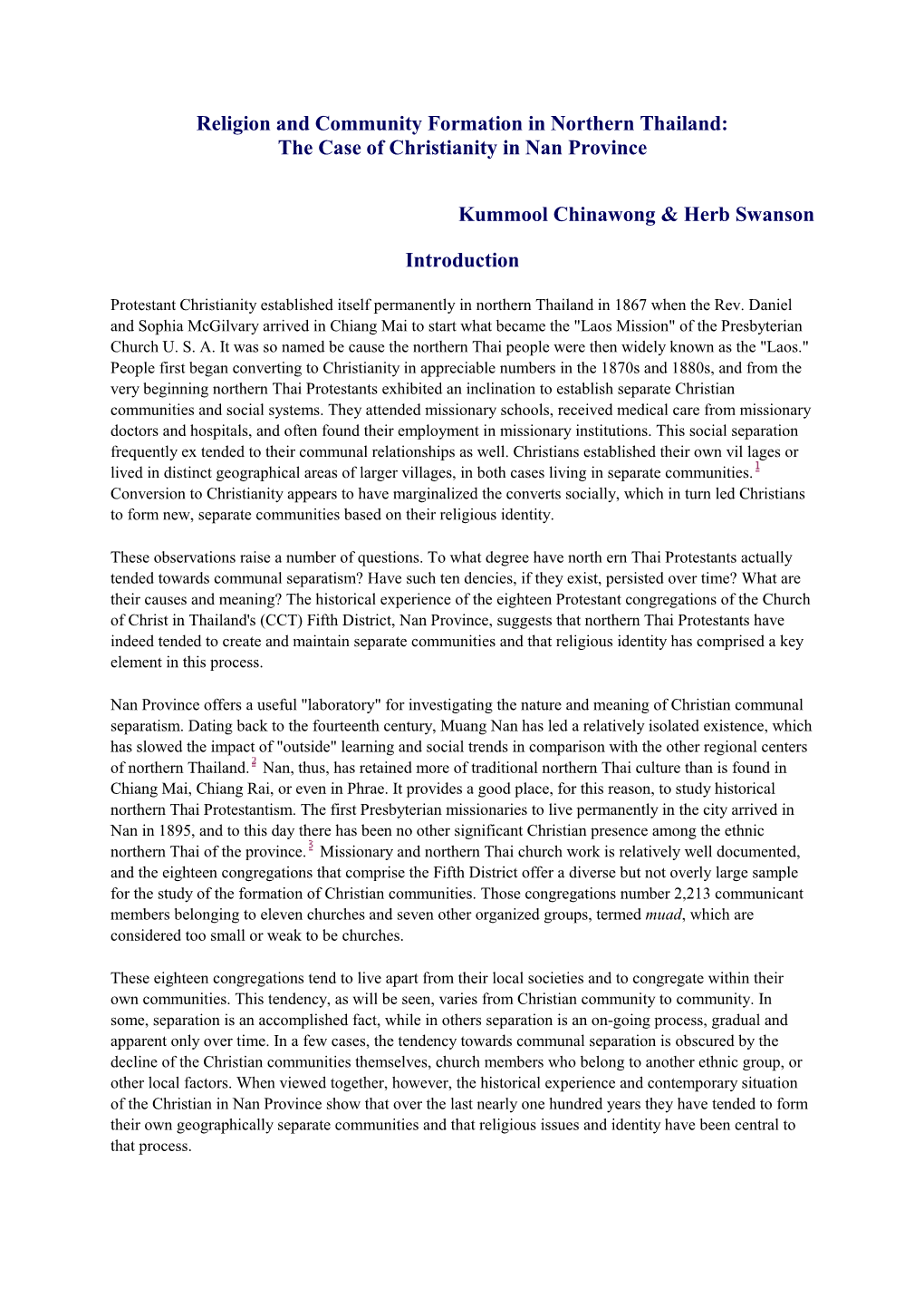 Religion and Community Formation in Northern Thailand: the Case of Christianity in Nan Province