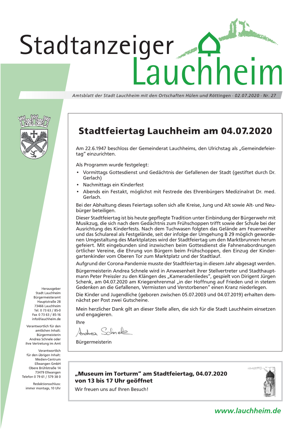 Stadtfeiertag Lauchheim Am 04.07.2020