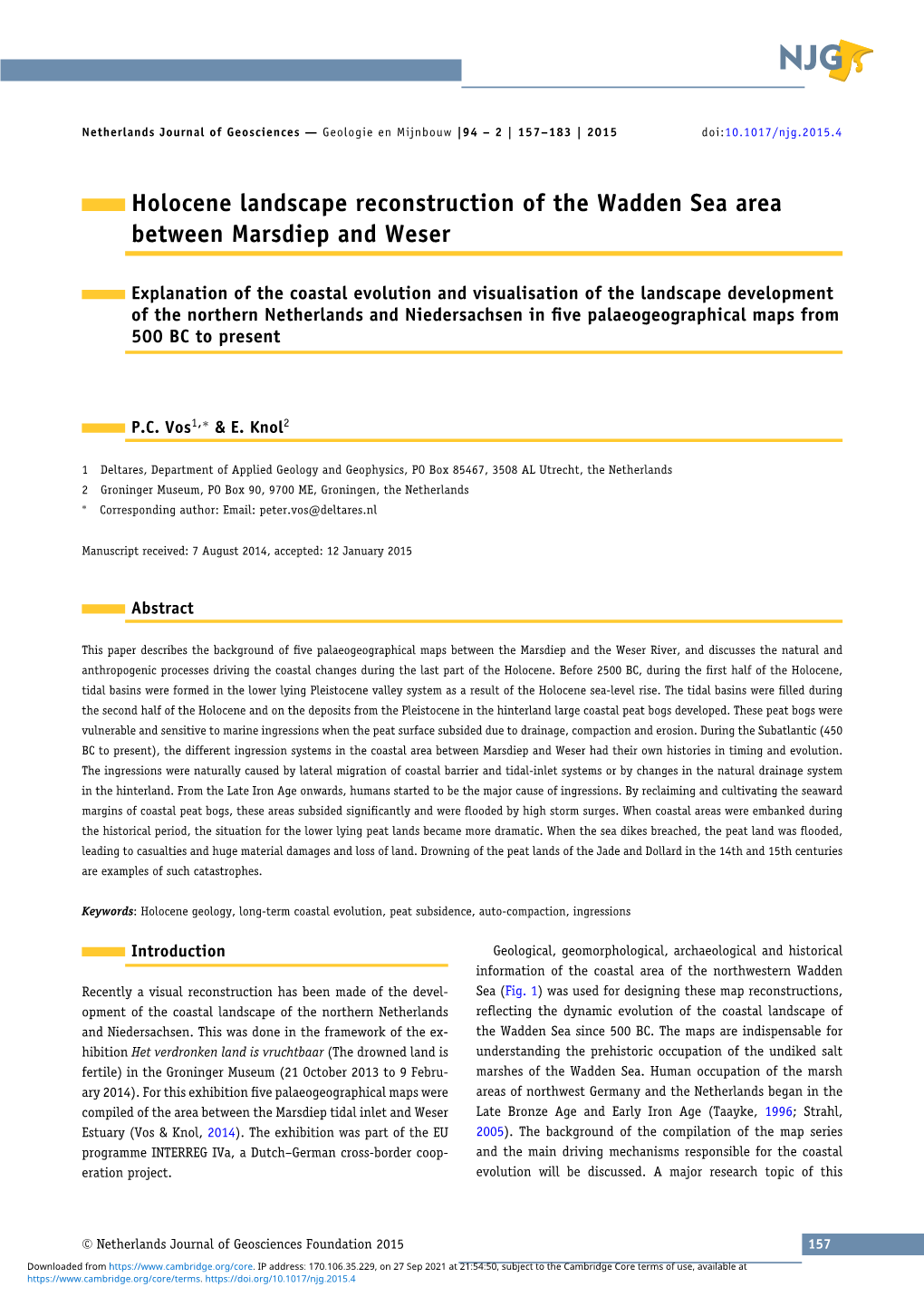 Holocene Landscape Reconstruction of the Wadden Sea Area Between Marsdiep and Weser