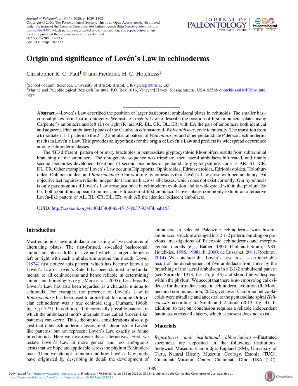 Origin and Significance of Lovén's Law in Echinoderms