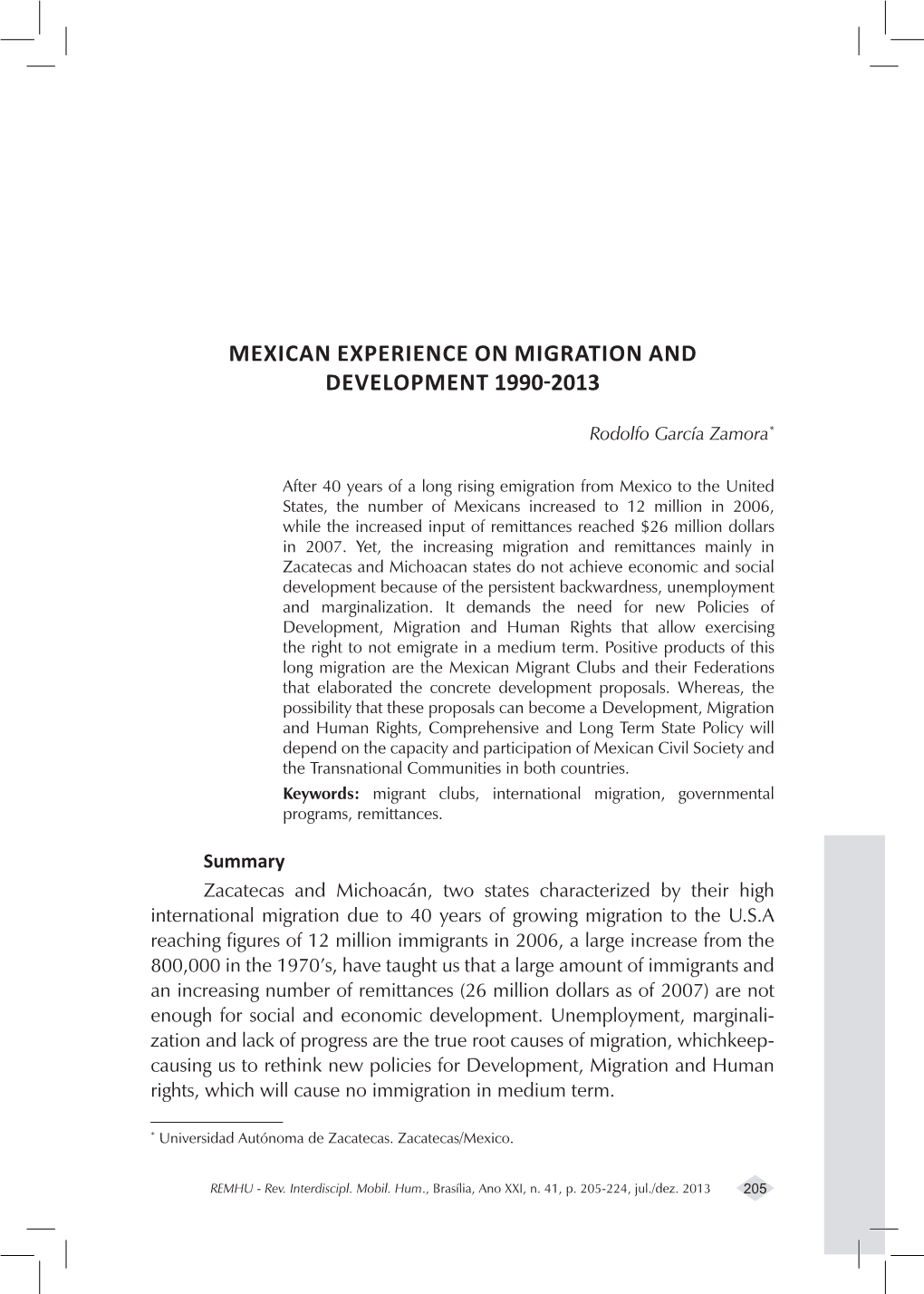 Mexican Experience on Migration and Development 1990-2013