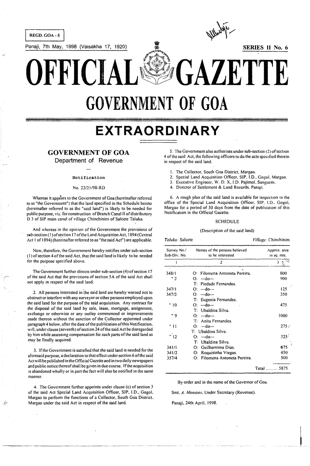 Official~Gazette Government of Goa Extraordinary