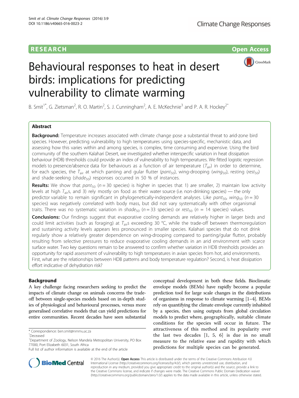 Behavioural Responses to Heat in Desert Birds: Implications for Predicting Vulnerability to Climate Warming B