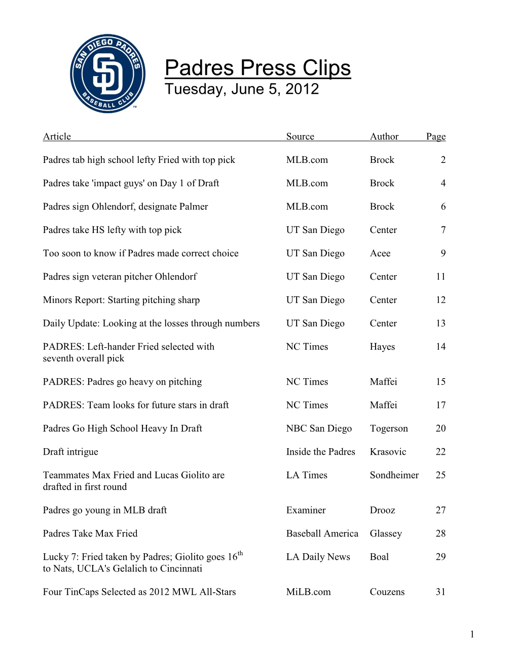 Padres Press Clips Tuesday, June 5, 2012