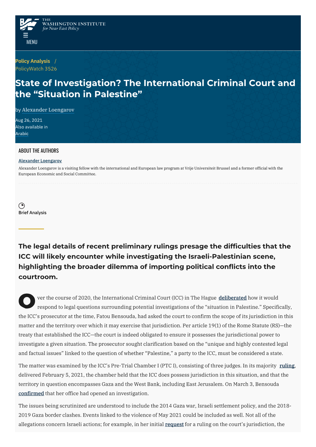State of Investigation? the International Criminal Court and the “Situation in Palestine” by Alexander Loengarov
