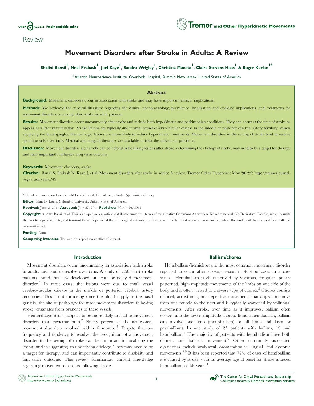 Movement Disorders After Stroke in Adults: a Review