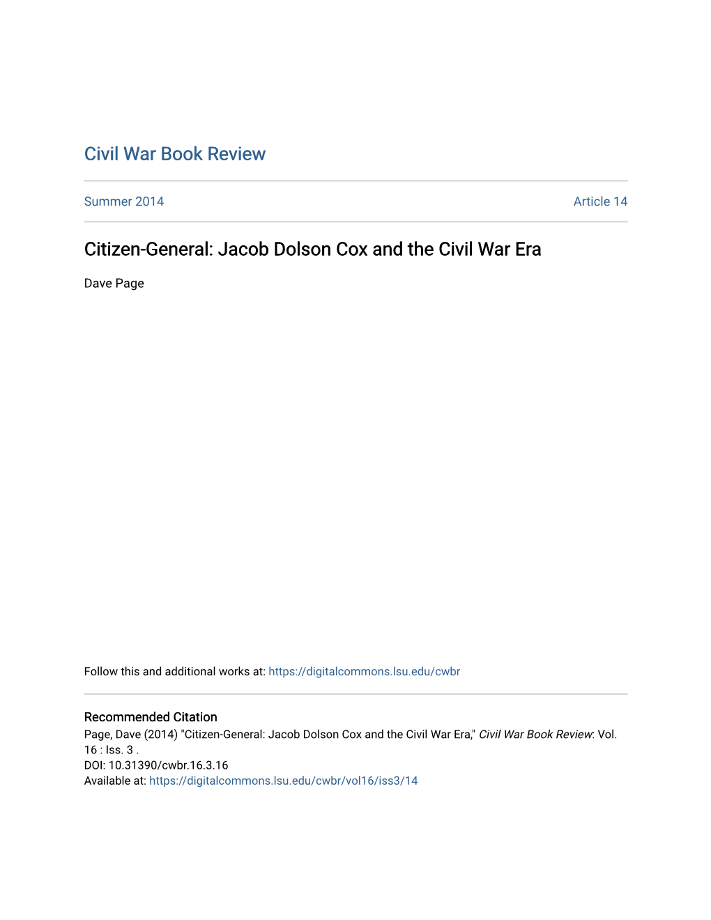 Jacob Dolson Cox and the Civil War Era