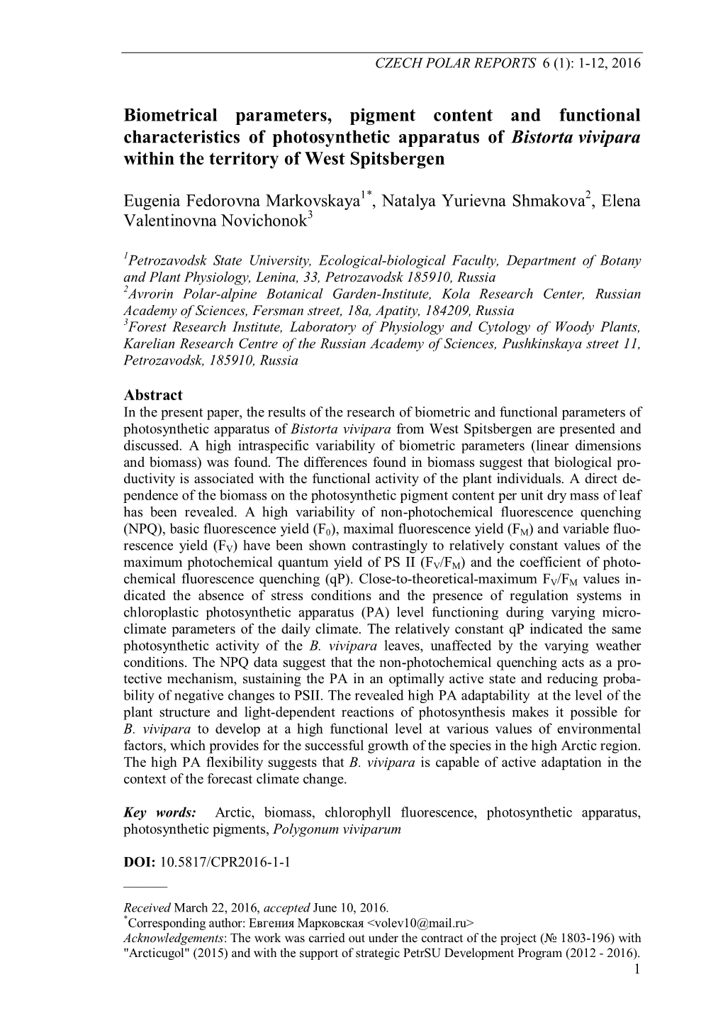 Biometrical Parameters, Pigment Content and Functional Characteristics of Photosynthetic Apparatus of Bistorta Vivipara Within the Territory of West Spitsbergen