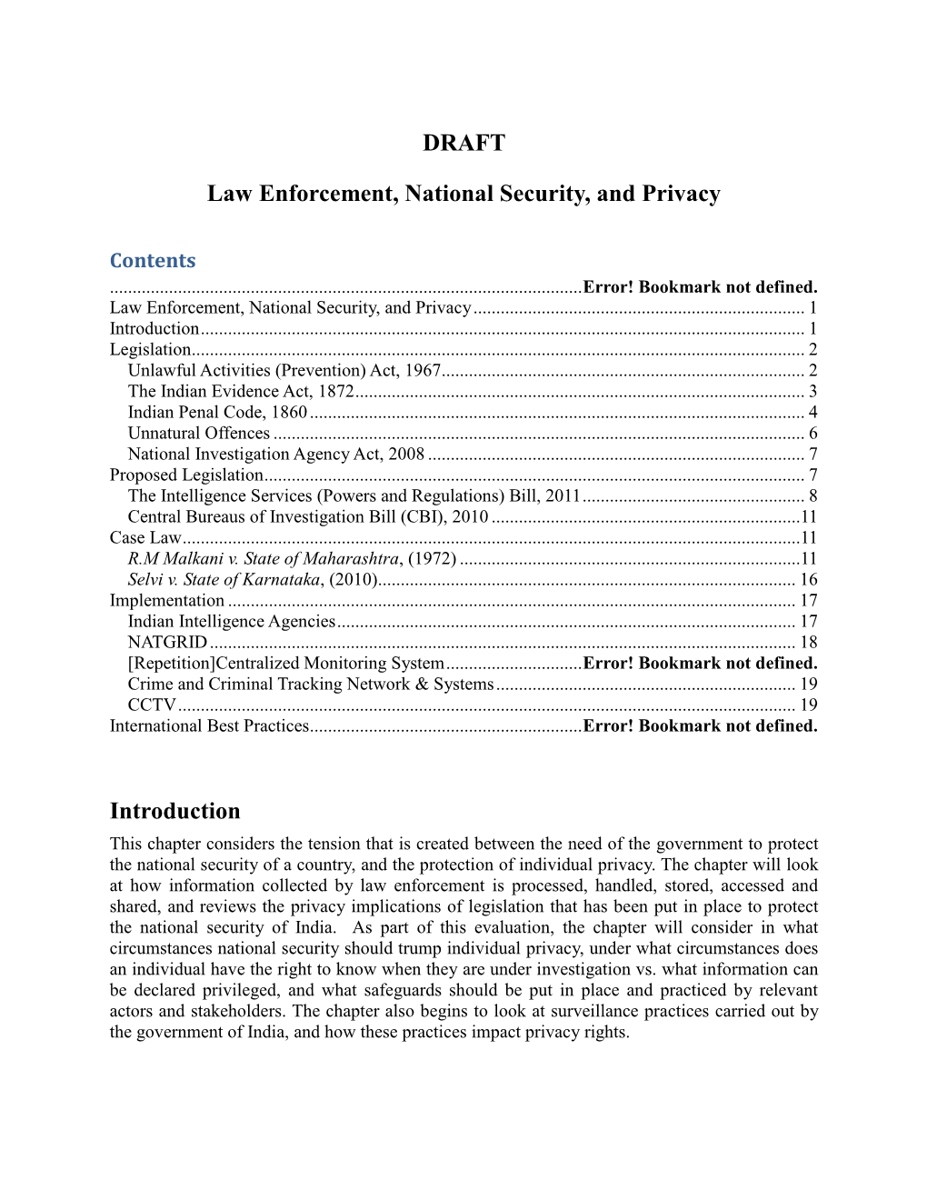 DRAFT Law Enforcement, National Security, and Privacy Introduction