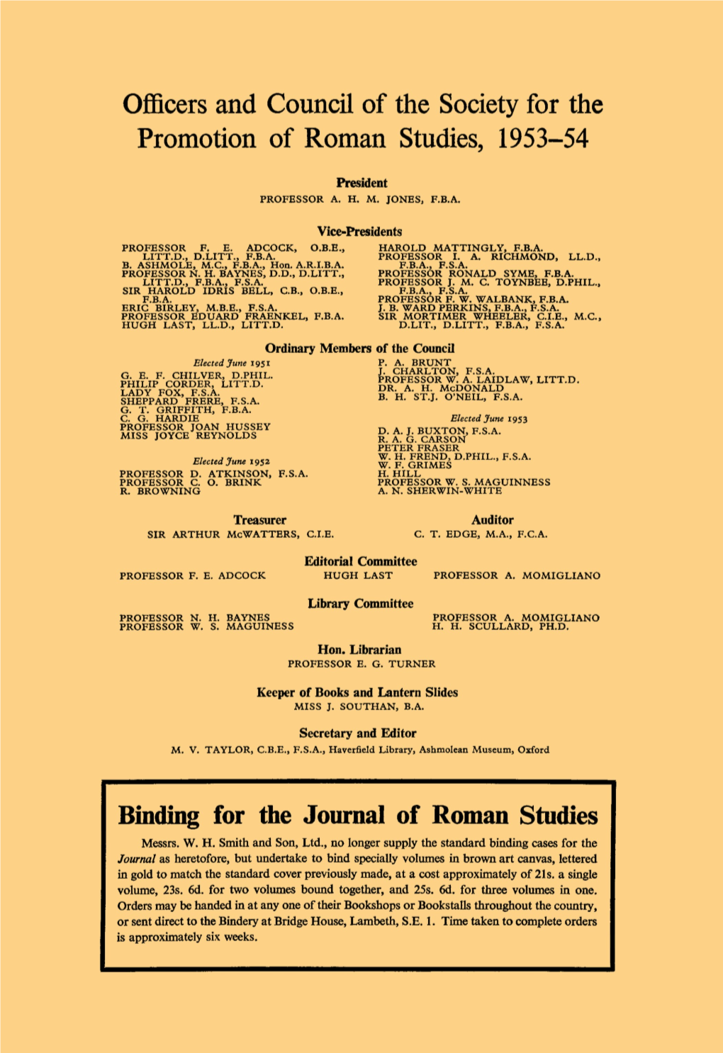Officers and Council of the Society for the Promotion of Roman Studies, 1953-54