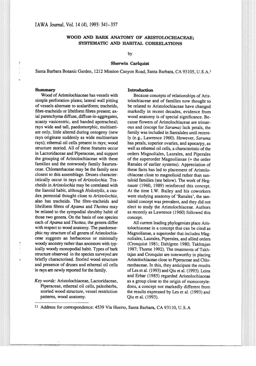 1993: 34 1—357 WOOD and BARK ANATOMY of Aristolocmaceae