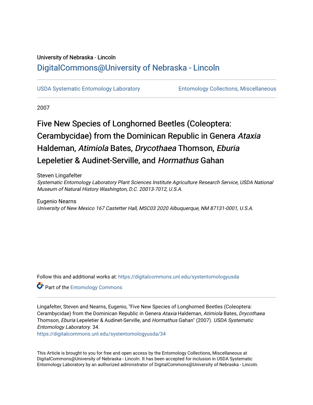 Five New Species of Longhorned Beetles (Coleoptera: Cerambycidae