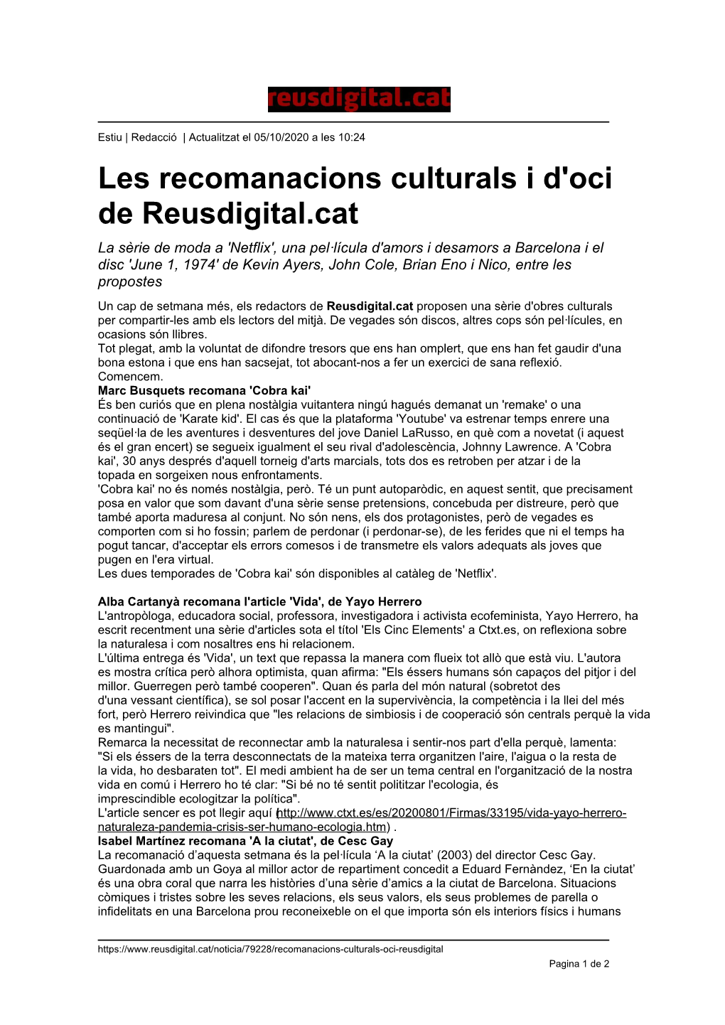 Les Recomanacions Culturals I D'oci De Reusdigital.Cat