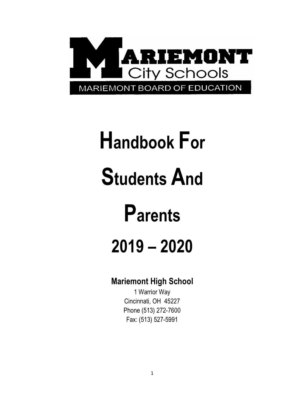 Handbook for Students and Parents 2019 – 2020 Mariemont High School