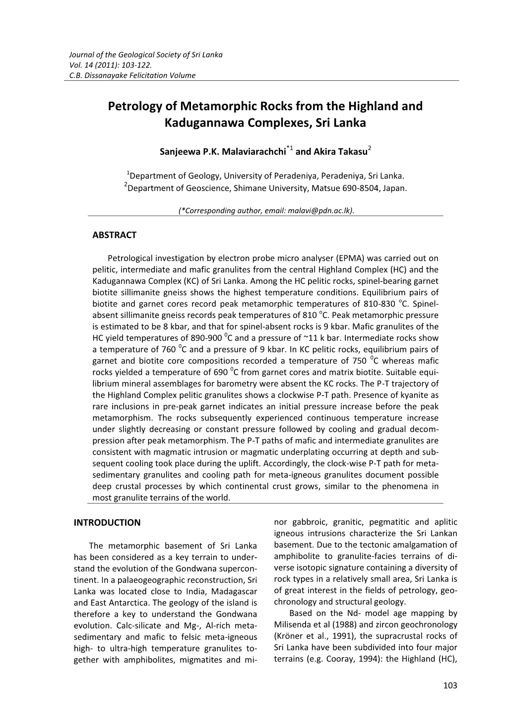 Petrology of Metamorphic Rocks from the Highland and Kadugannawa Complexes, Sri Lanka