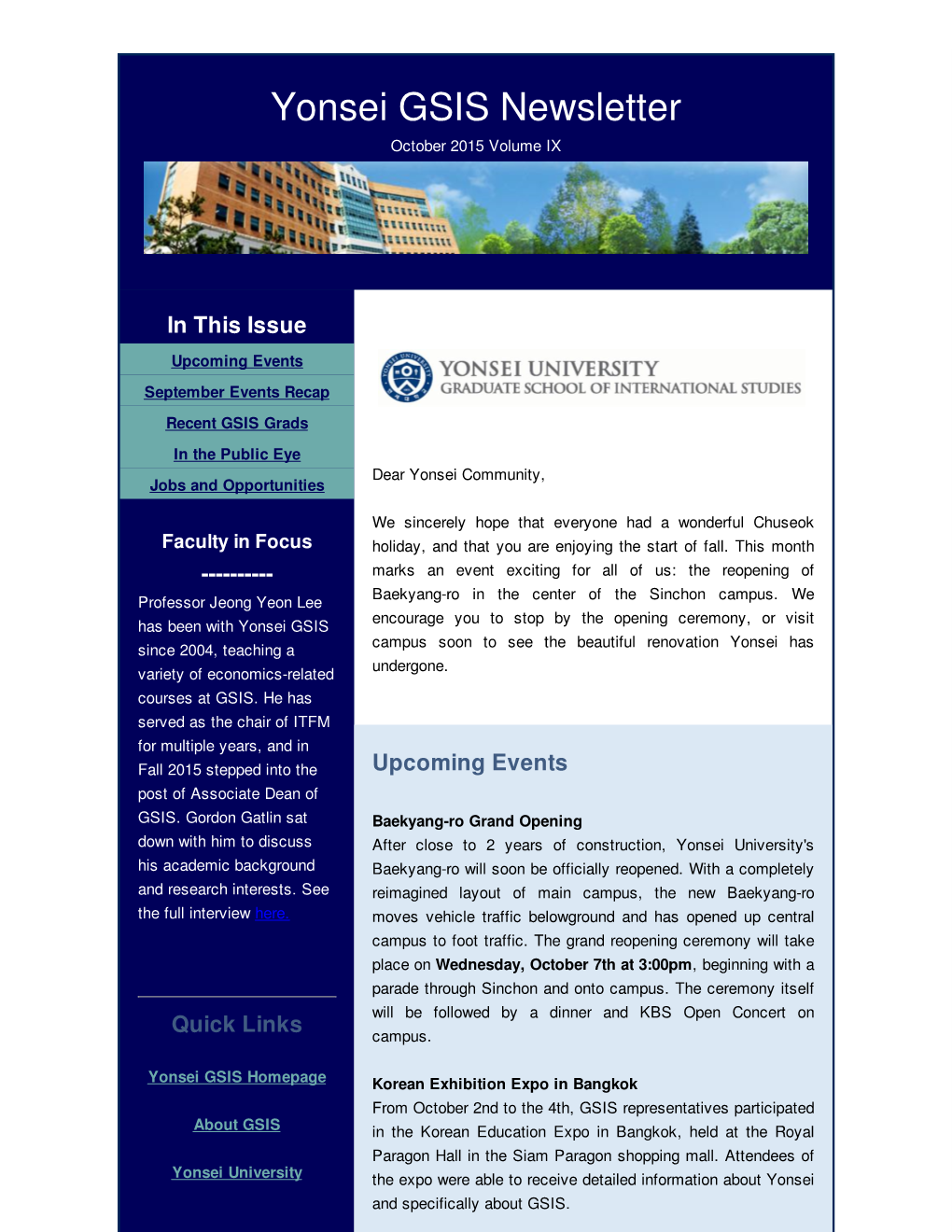 Yonsei GSIS Newsletter October 2015 Volume IX