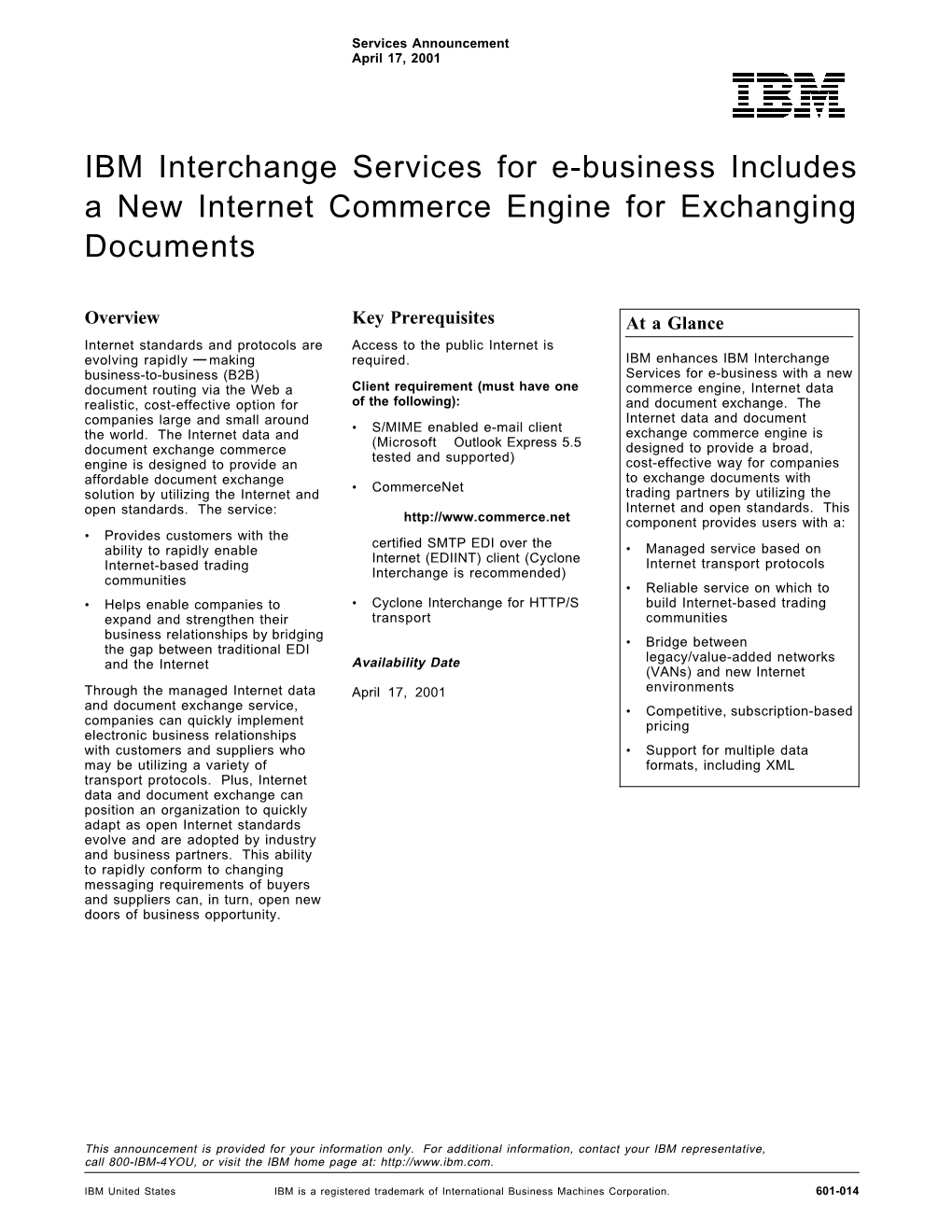 IBM Interchange Services for E-Business Includes a New Internet Commerce Engine for Exchanging Documents
