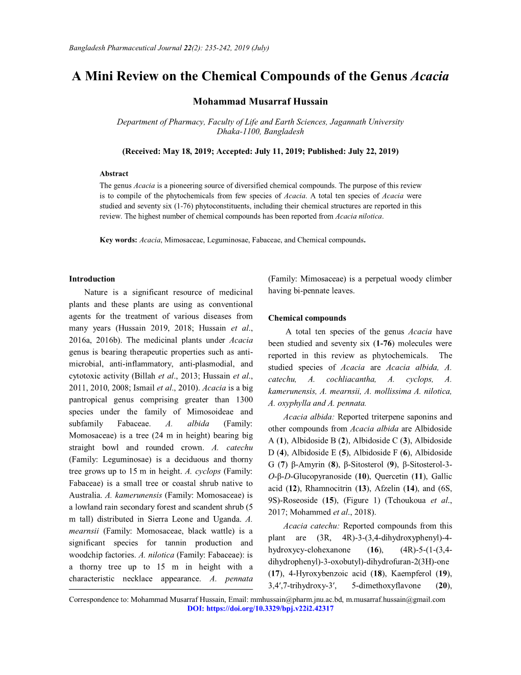 A Mini Review on the Chemical Compounds of the Genus Acacia