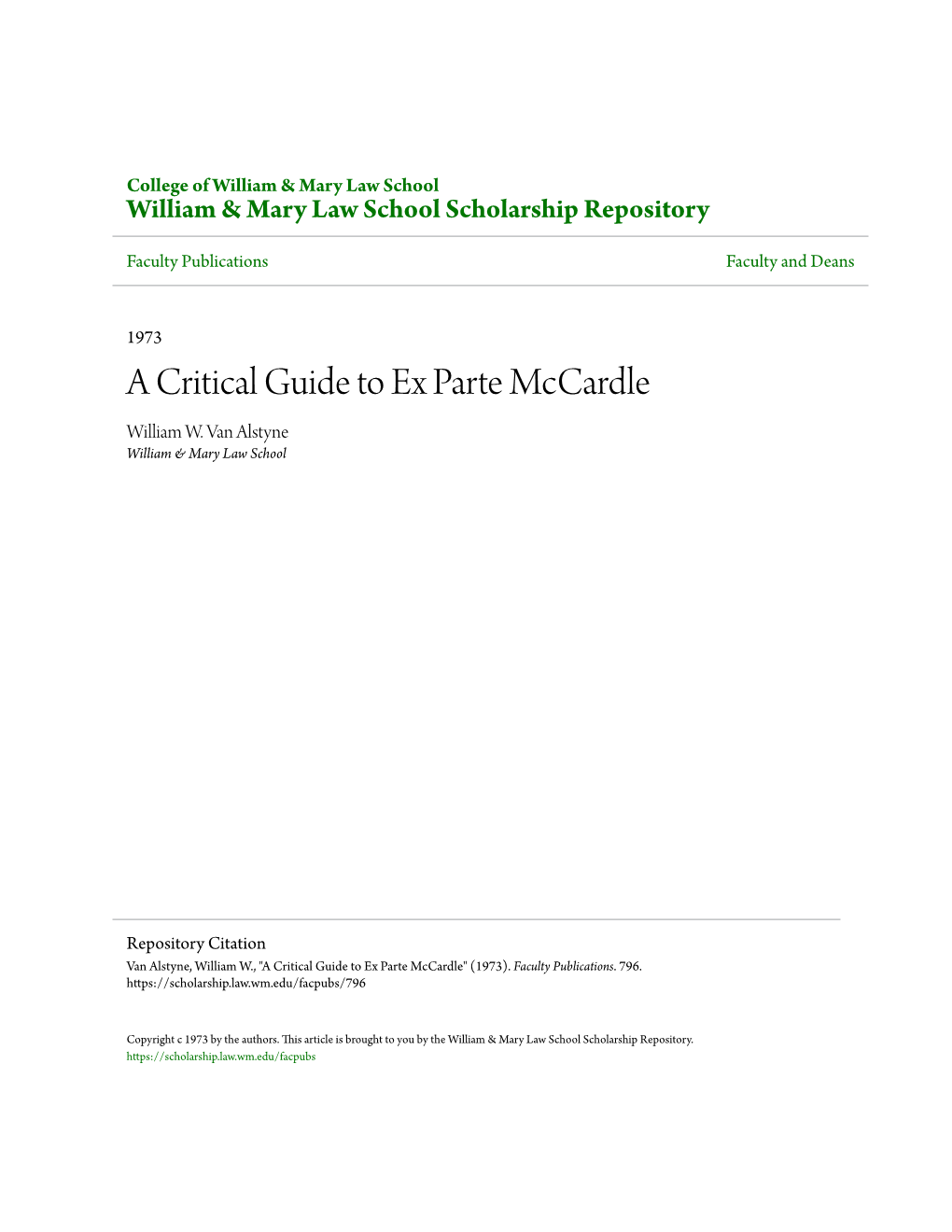 A Critical Guide to Ex Parte Mccardle William W