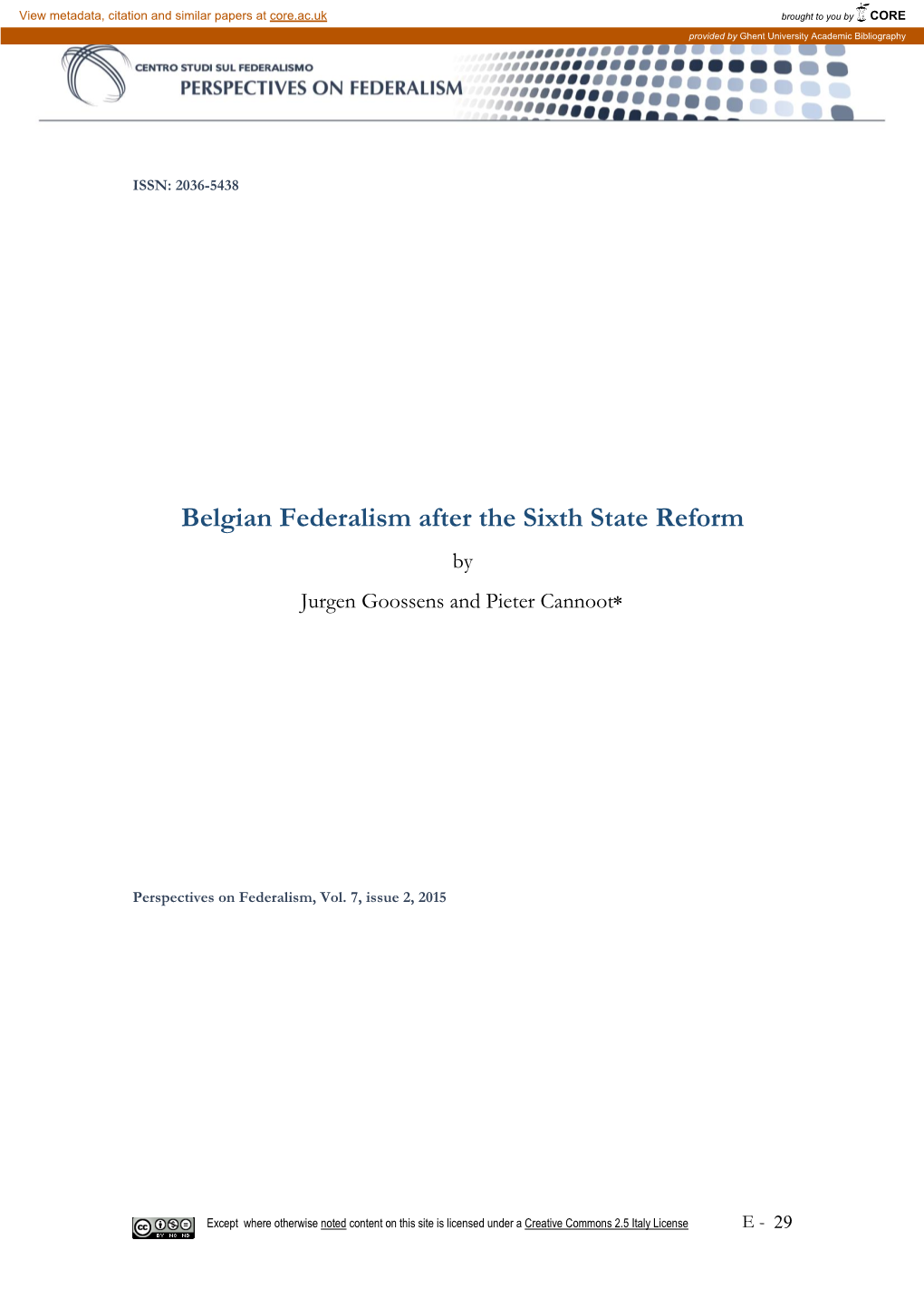 Belgian Federalism After the Sixth State Reform by Jurgen Goossens and Pieter Cannoot