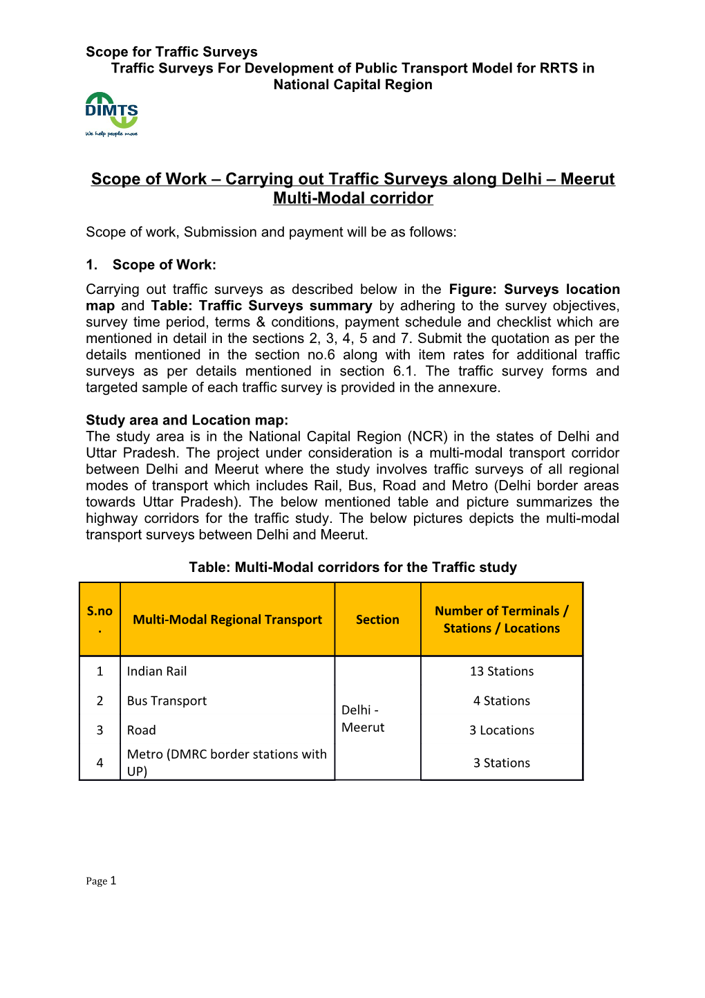Scope of Work Carrying out Traffic Surveys Along Delhi Meerut Multi-Modal Corridor