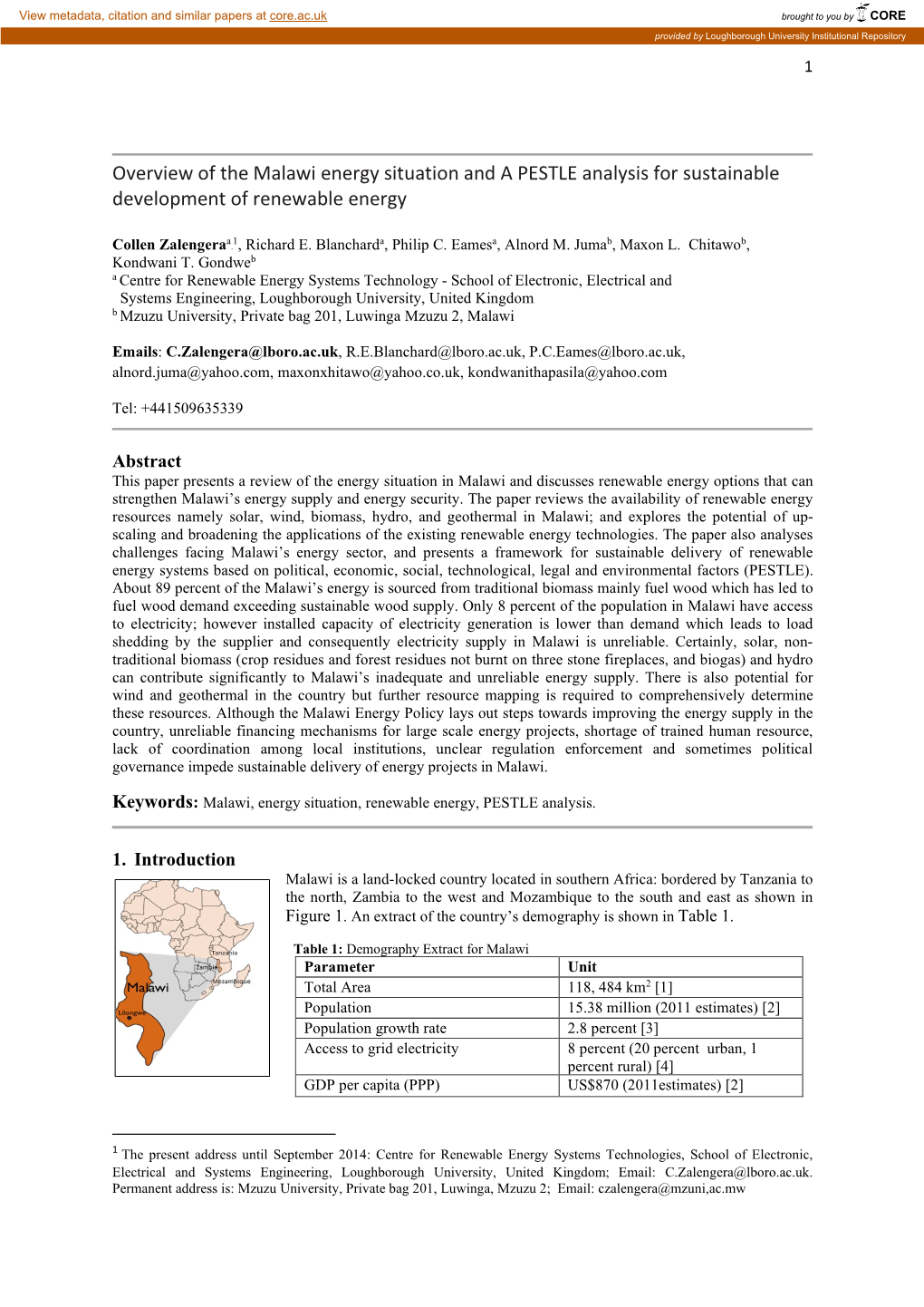 Overview of the Malawi Energy Situation and a PESTLE Analysis for Sustainable Development of Renewable Energy