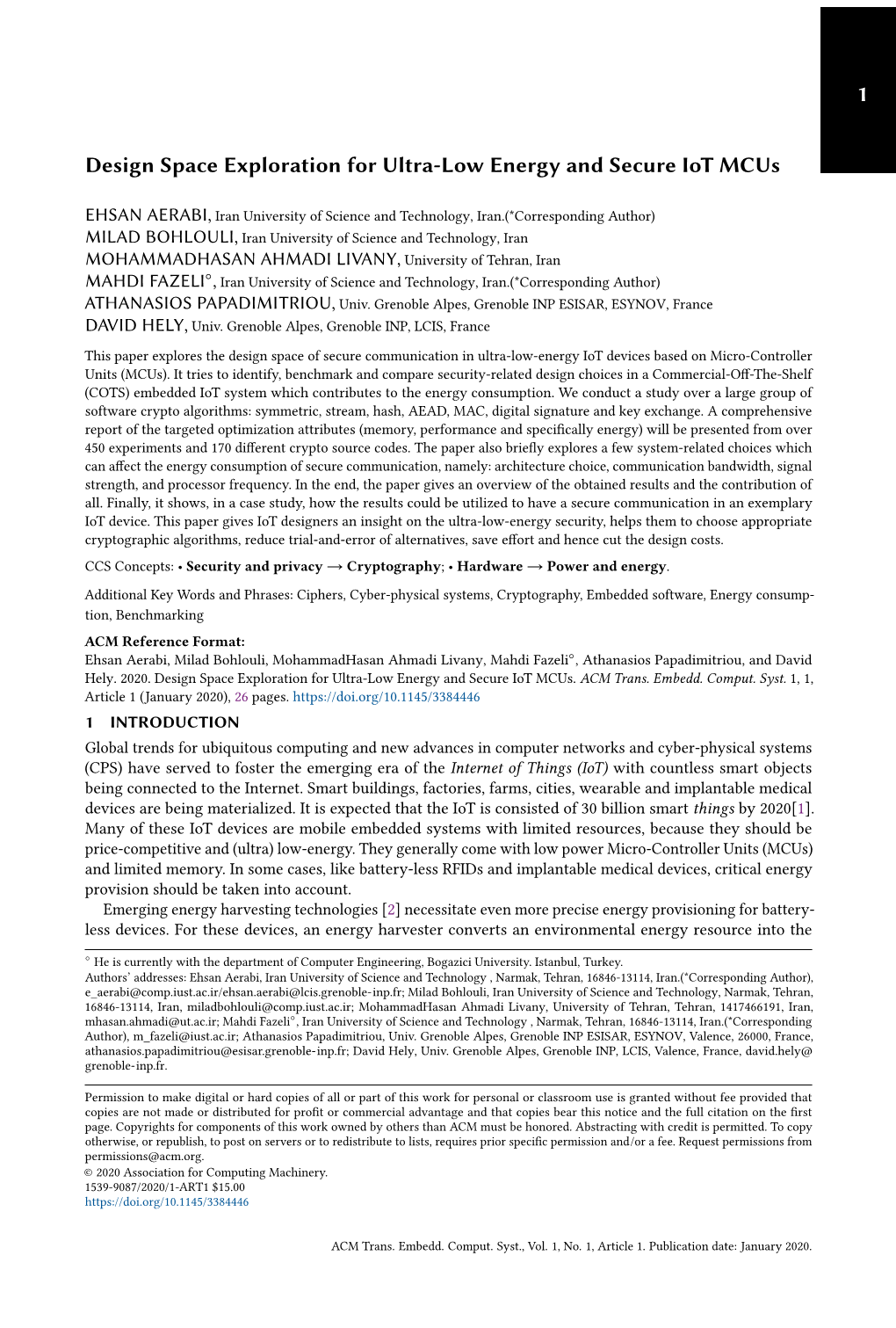 Design Space Exploration for Ultra-Low Energy and Secure Iot Mcus