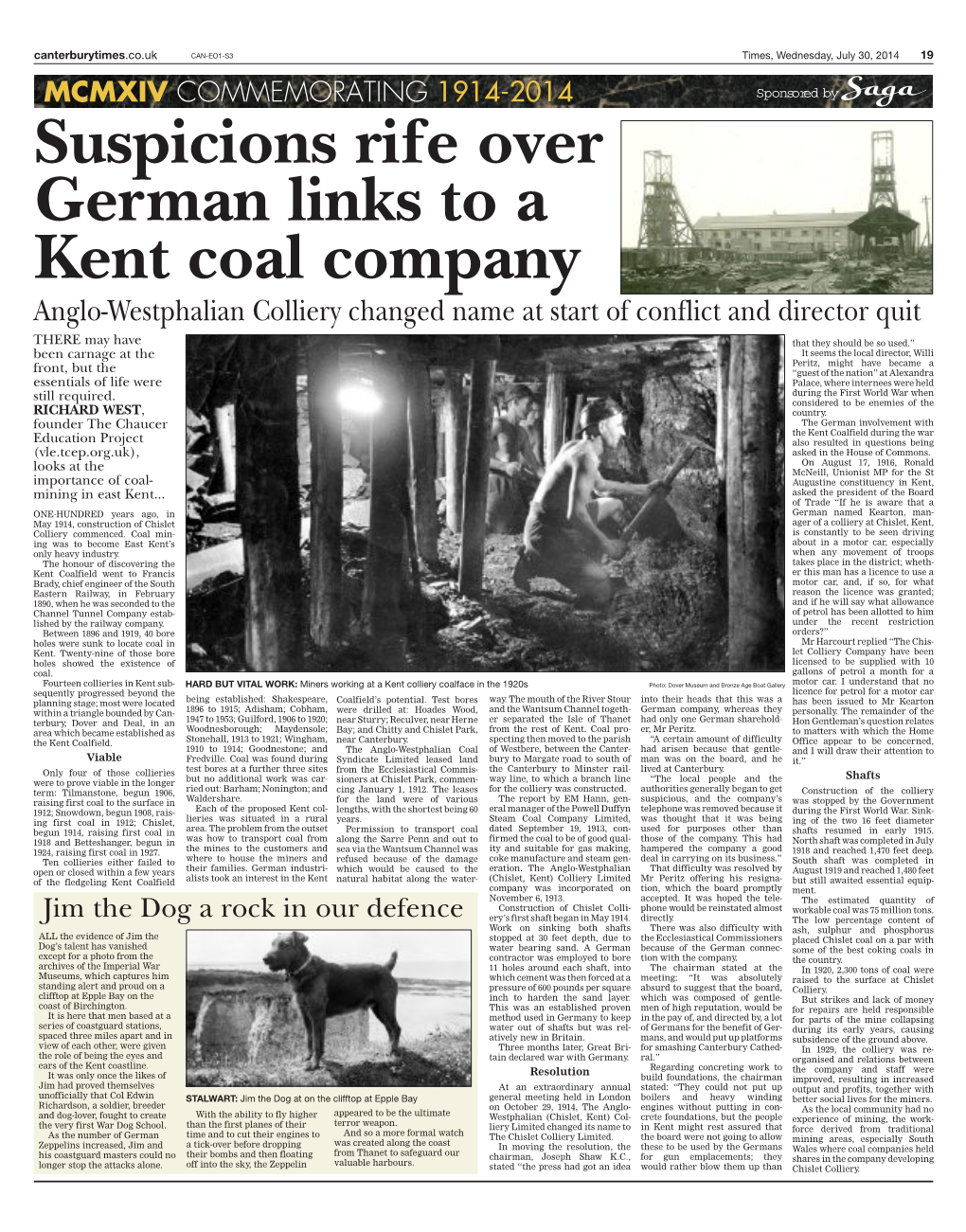 Suspicions Rife Over German Links to a Kent Coal Company Anglo-Westphalian Colliery Changed Name at Start of Conflict and Director Quit