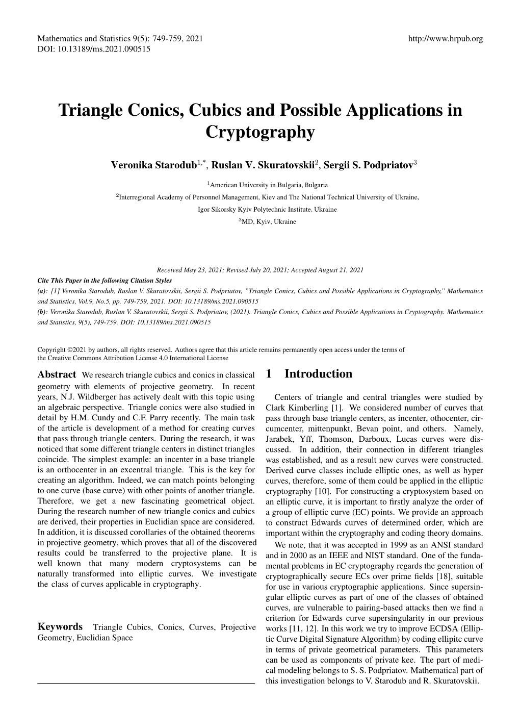 Triangle Conics, Cubics and Possible Applications in Cryptography