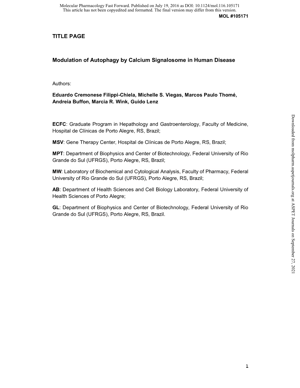 TITLE PAGE Modulation of Autophagy by Calcium Signalosome in Human