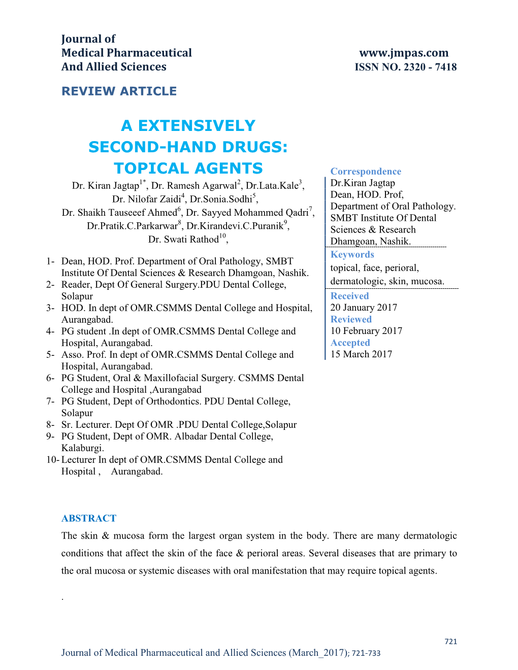 TOPICAL AGENTS Correspondence Dr