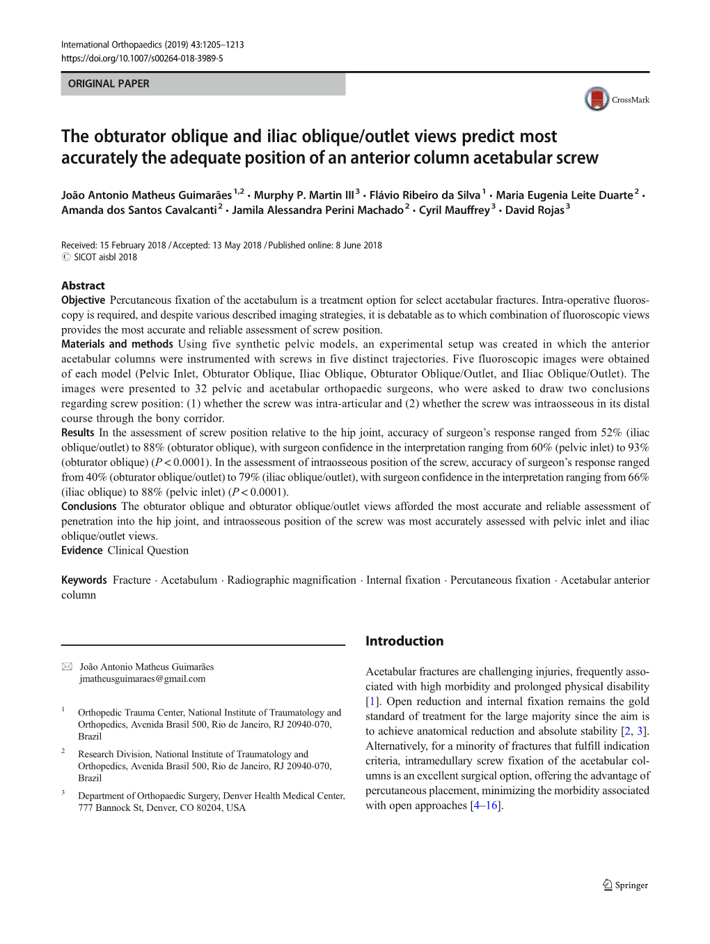 The Obturator Oblique and Iliac Oblique/Outlet Views Predict Most Accurately the Adequate Position of an Anterior Column Acetabular Screw