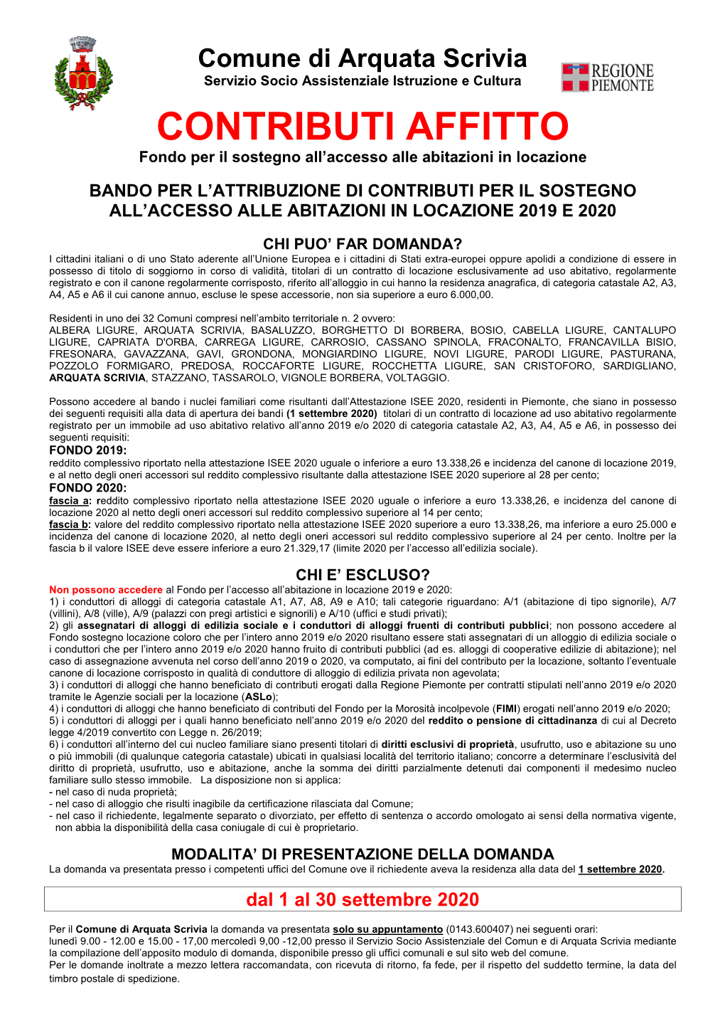 Manifesto Contributi Affitto