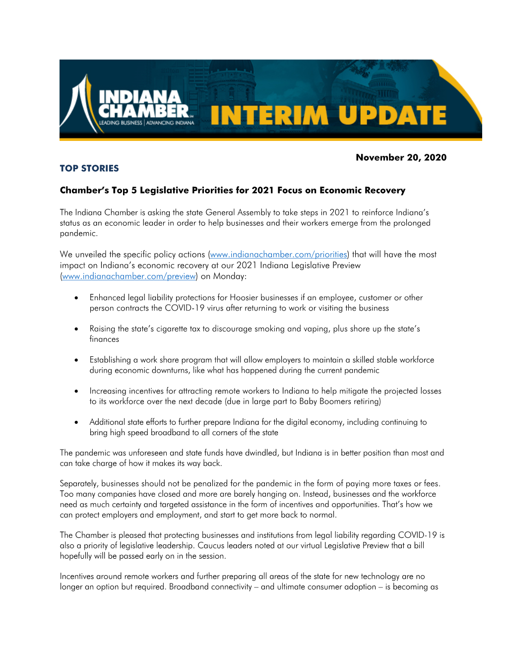 November 20, 2020 TOP STORIES Chamber's Top 5 Legislative